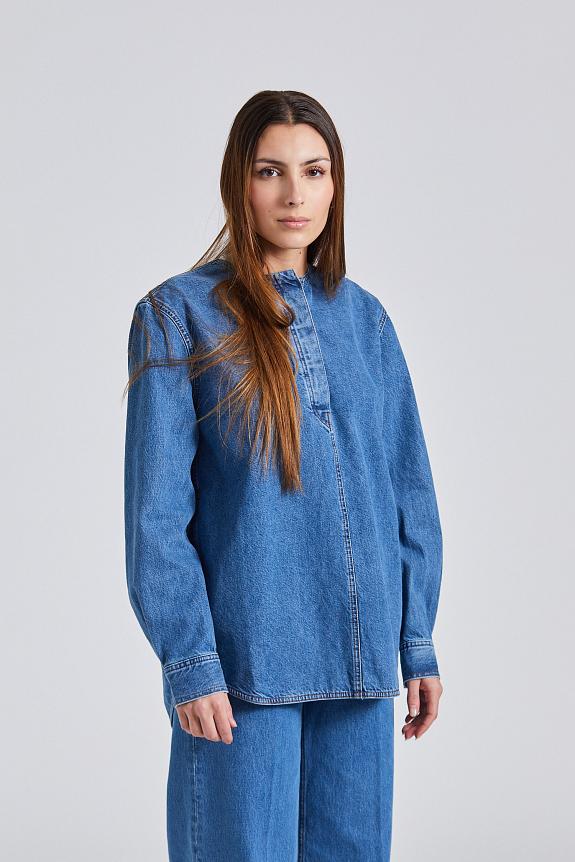 Toteme Collarless Denim Shirt Vibrant Blue 